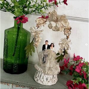 Vintage Wedding Cake Topper Chalk Composition Bride Groom Wired Millinery Arch